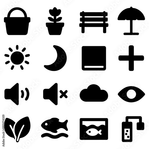 Symbolic icons in a row:  A captivating selection of symbolic icons arrayed in neat rows, offering an artistic representation, inviting contemplation and offering an exploration of everyday concepts.