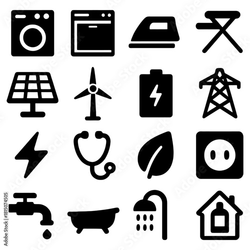Energy and Daily Life Icon Collection: A meticulously crafted collection of simple icons representing essential elements of daily life and energy-related themes.