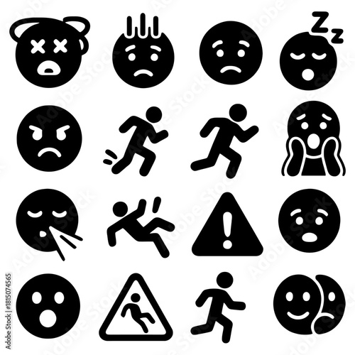 Emoticon Icons: A collection of black emoticon icons depicting different human states of mind, offering a versatile visual language for expressing various emotions and feelings.