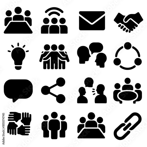 Iconic Communication Elements: A collection of concise icons depicting key elements of communication, collaboration, and connectivity. Representing diverse interactions 