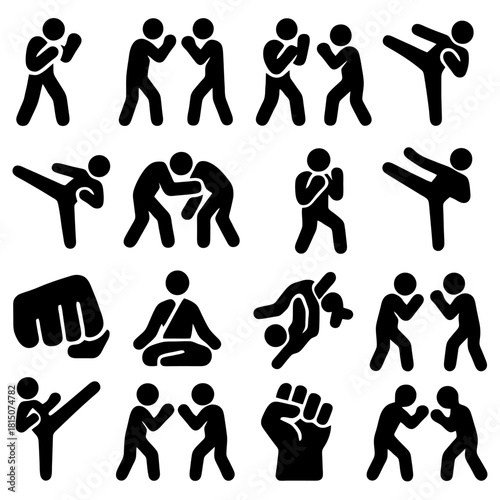 Dynamic Martial Arts in Action: A collection of stylized silhouettes showcasing the power and grace of martial arts, capturing dynamic poses of sparring, kicking, punching, and grappling.