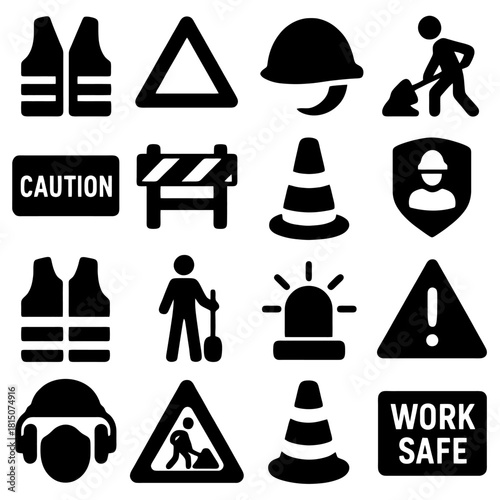 Construction Site Icons: A collection of concise, vector icons representing essential construction safety elements, clearly illustrating workplace hazards and safety protocols. 