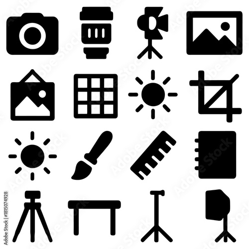 Photography Equipment Icon Set: A comprehensive collection of iconic symbols representing the essential tools and elements of photography and image editing, ready for your creative projects.