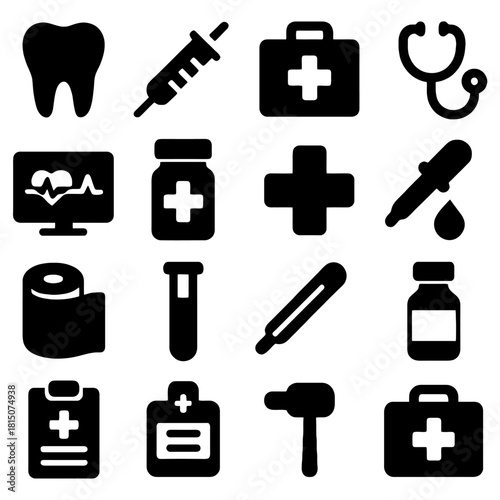 Healthcare Tools Collection: An array of medical and healthcare icons, providing a clear visual representation of essential medical tools used in healthcare and patient care. 