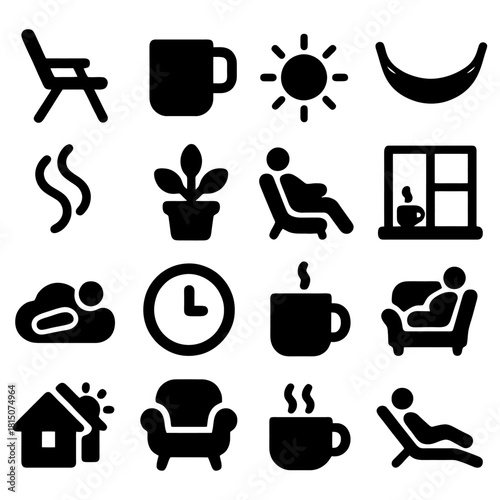 Relaxation and Comfort Icon Set: A collection of simple, stylized icons, each representing a facet of relaxation and comfort. Including sunshine, a cup of coffee, and many relaxing icons