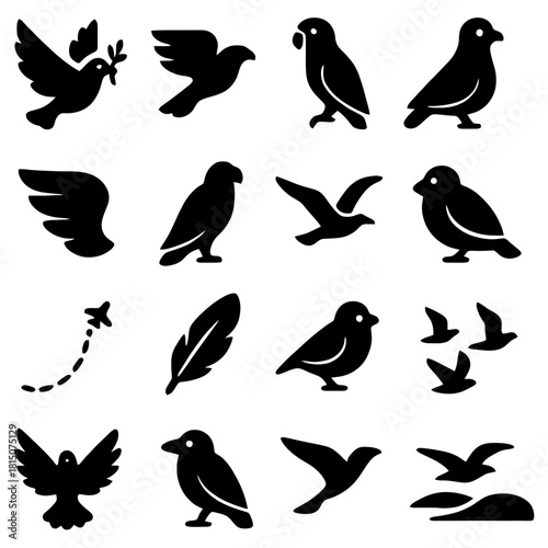 Bird Symbol Collection: An array of avian icons showcases the diversity and elegance of birds, representing freedom, peace, and natural beauty.