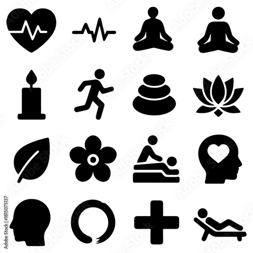Wellness Elements: An ensemble of icons representing the pillars of well-being, from the heartbeat to the serene meditation pose, evoking a sense of tranquility and a balanced approach to life.