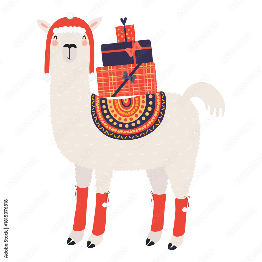 Obraz premium Llama carrying Christmas gifts isolated on transparent. Hand drawn flat vector illustration. Cute cartoon character. Traditional Christmas, New Year design element, clip art