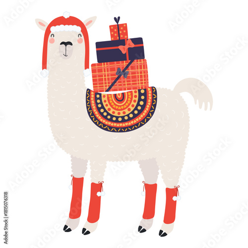 Llama carrying Christmas gifts isolated on transparent. Hand drawn flat vector illustration. Cute cartoon character. Traditional Christmas, New Year design element, clip art