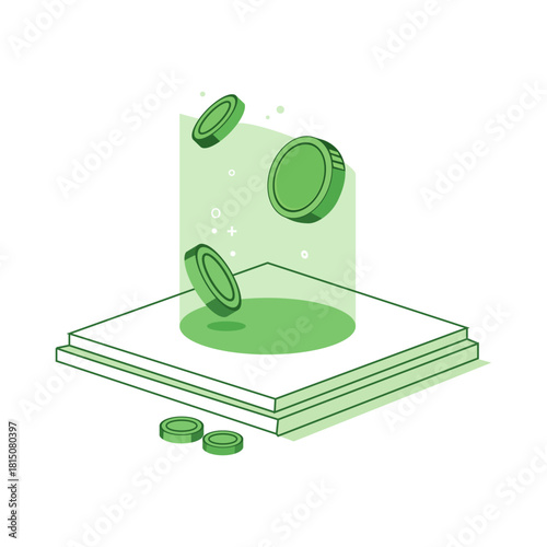 “Green Cryptocurrency Coins Floating Above Digital Platform – Futuristic Illustration”