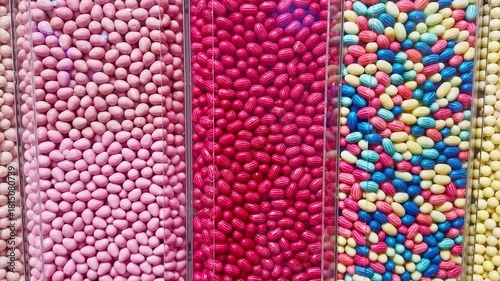 Colorful candies displayed in a sweet shop, neatly arranged in transparent containers. Bright pastel sweets symbolizing sugar, confectionery, and sugar-free treat concepts