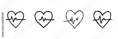 Heart With Ecg Line Icon Set In Doodle Style. Cardiovascular Health, Heartbeat Monitoring, And Medical Diagnostics Outline Sketch Collection. Hand Drawn Isolated Vector Illustration