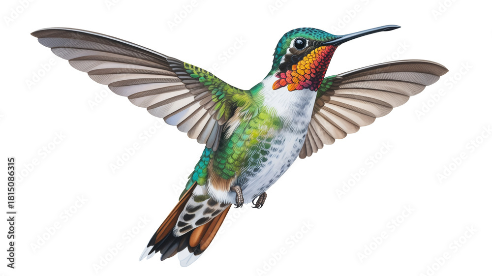 Obraz premium Stunning hummingbird isolated on transparent background, in flight with vibrant colors and striking details, a symbol of nature and beauty