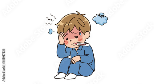 Sick Boy with Thermometer and Ice Pack - Feeling Unwell, Suffering from Fever and Cold