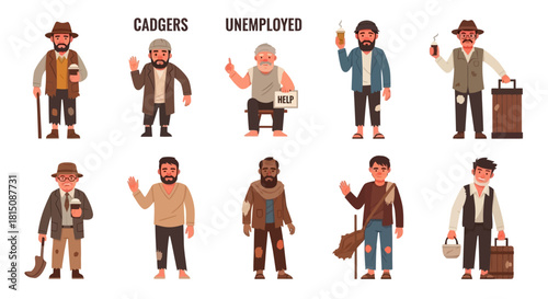Set of Cartoon Characters Depicting Unemployed and Impoverished Individuals