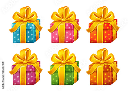 Holiday present gift boxes, Christmas surprise cardboard package decoration ribbon bow color set. Birthday festive wrapped paper packaging. Xmas celebration. Prize or decorative parcel packing. Vector