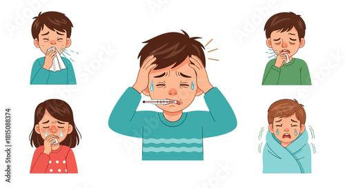 A collection of illustrated sick children showing various symptoms of the flu and common cold, including fever, cough, and sneezing