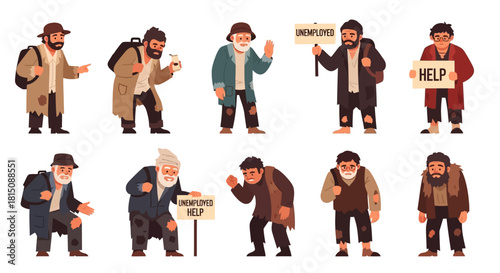 Homeless People Vector Illustration Set of Beggars and Unemployed Characters