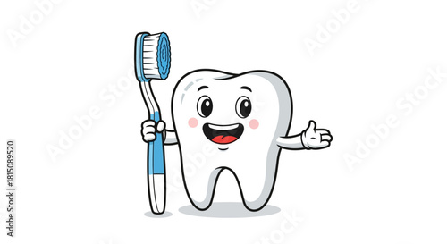 Happy cartoon tooth character holding a toothbrush and giving a thumbs up, a vector illustration for dental care
