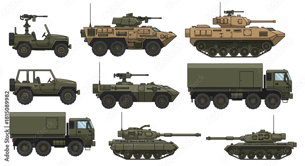 Naklejka premium Collection of Military Vehicles and Armored Personnel Carriers with Weapons Systems