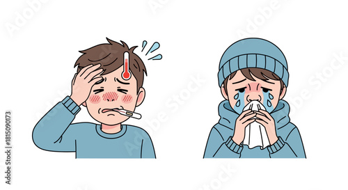 Illustration of People Experiencing Cold Symptoms Fever, Sneezing, and Discomfort in Cartoon Form