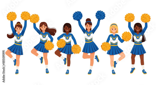 Energetic Cheerleader Squad with Pom-poms in Uniforms, Ready to Cheer