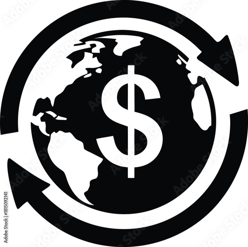 Black stylized globe icon representing global currency exchange and finance isolated on transparent background