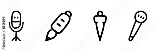 Microphone And Writing Tools Line Icon Set In Doodle Style. Audio Recording, Creative Writing, And Artistic Expression Outline Sketch Collection. Hand Drawn Isolated Vector Illustration