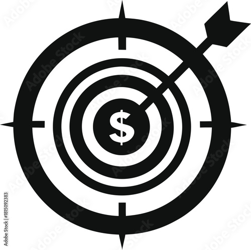 Black financial target bullseye icon representing success and goals isolated on transparent background