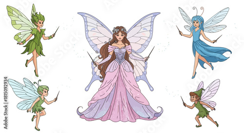 A charming collection of fantasy fairy characters including a queen and small pixies with magic wands