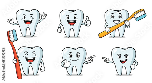 Collection of adorable cartoon tooth characters showcasing various emotions and expressions