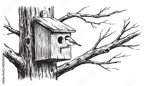 A charming black and white line drawing of a small bird peeking from a wooden birdhouse nestled in a tree