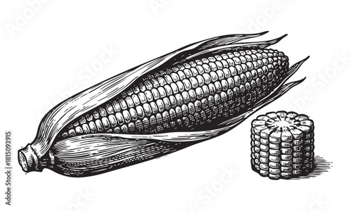 Black and white illustration of an ear of corn with husks and a crosssection