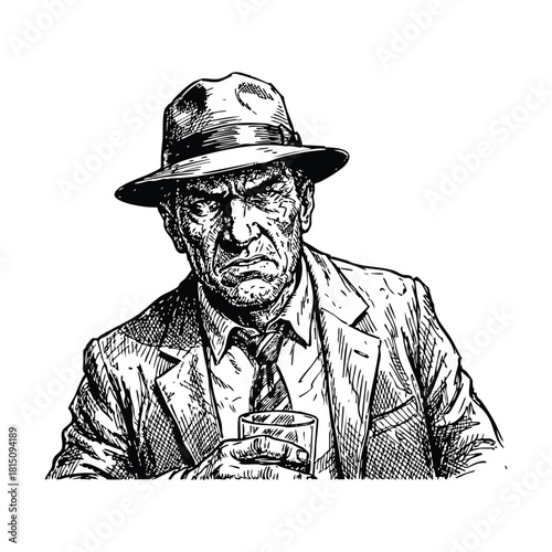 Grumpy man in a fedora and suit holding a drink, looking directly at the viewer