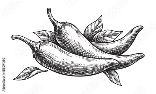 Handdrawn illustration of chili peppers with leaves