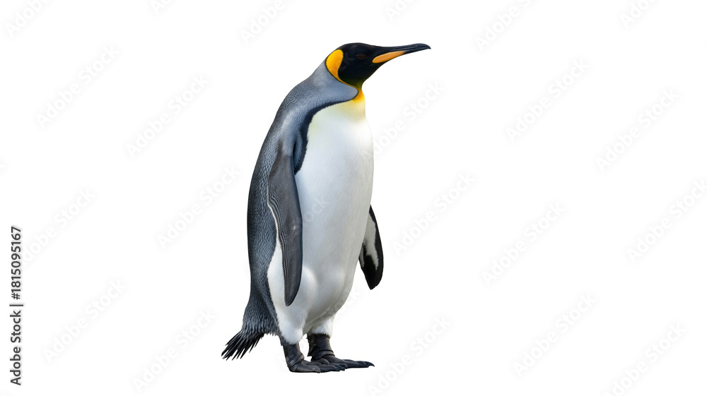 Fototapeta premium Majestic king penguin isolated on transparent background, portrait conveys elegance and grace standing tall with striking yellow plumage detail