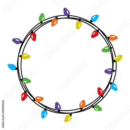 Circle decorative Christmas lights frame in flat style. Vector design of simple round shape lightbulb garland. Decorative element for xmas cards, invitations, banners, posters