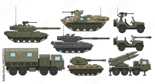Collection of Military Vehicles Including Tanks, Missile Launchers, and Support Trucks