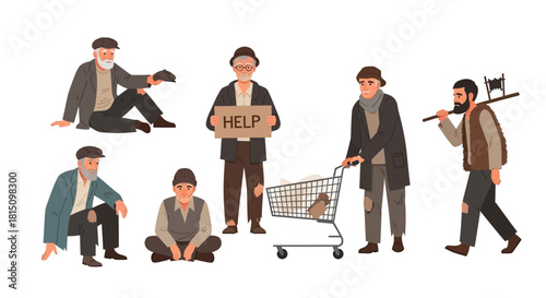 Homeless individuals in various situations begging, carrying belongings, and carting a shopping cart