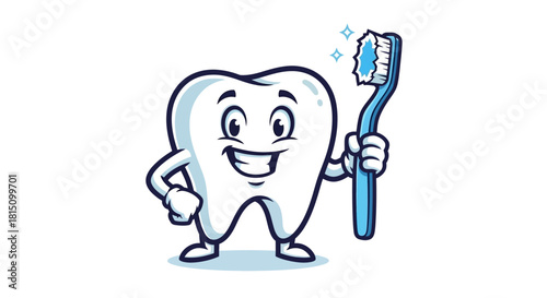 Happy cartoon tooth character smiling and holding a toothbrush with toothpaste, promoting excellent oral hygiene and fresh breath