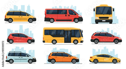 Collection of Various Transportation Vehicles Cars, Buses, and Vans in Flat Design Style