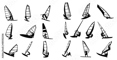 Windsurfing silhouettes: a collection of windsurfing silhouettes captured against a clean, uncluttered backdrop, perfect for design and showcasing action sports