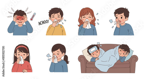 Collection of unwell cartoon people suffering from cold and flu symptoms