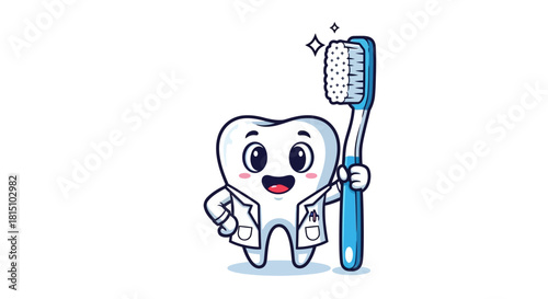 Cute cartoon tooth character wearing a lab coat and holding a toothbrush, representing dental hygiene and care