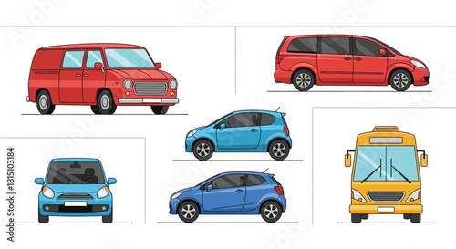 Variety of modern vehicles, including cars, vans, and a bus, in various colors and styles