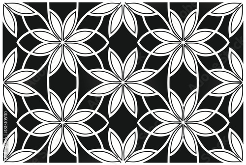 Luxury Black and White Floral Pattern | Stylish Geometric Tile Design for Fabric, Interior, Wallpaper, and Fashion | Classic Digital Texture with Ornamental Aesthetic and Sophisticated Elegance