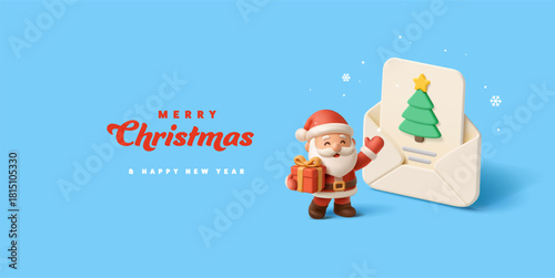 3D cheerful Santa character with gift pointing at wish list letter, snow. Blue Holiday banner. For concepts of Christmas, bright gifts, children's magical holiday. Vector illustration.