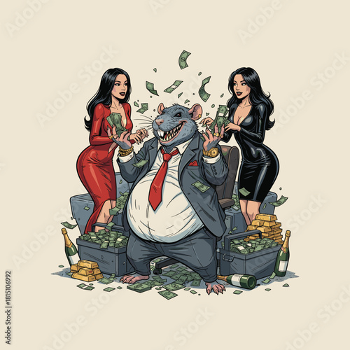VECTOR ILLUSTRATION OF A RICH RAT WITH TWO BEAUTIFUL WOMEN.