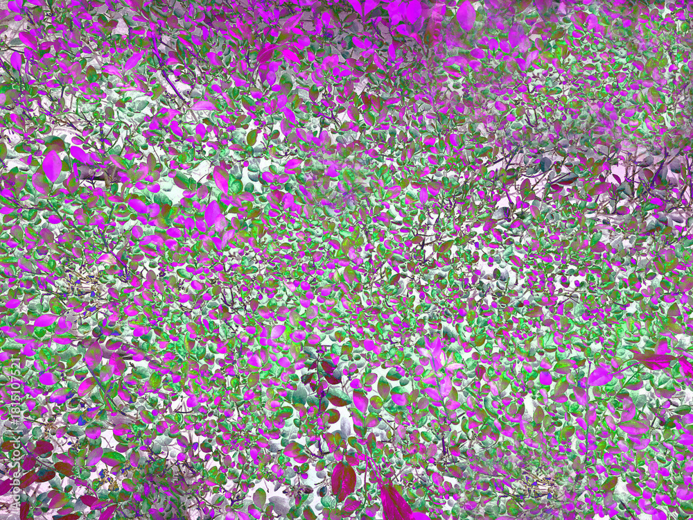Fototapeta premium Abstract artwork with dense clusters of pink and green shapes layered over a light background, creating a vibrant, chaotic pattern reminiscent of foliage or floral camouflage.