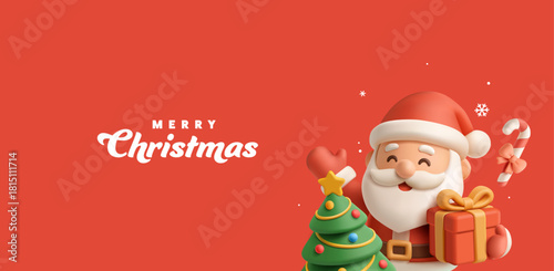 Merry, happy Santa, with gift, Christmas tree, and Christmas candy, cane, 3D. Red modern banner with Merry Christmas and Happy Holidays greetings. Vector illustration.